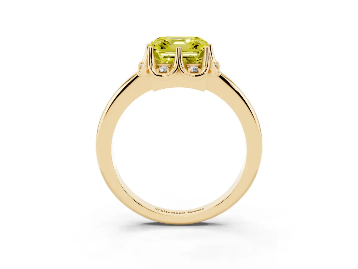 Fancy Yellow Asscher Cut Halo Diamond Ring with Round Cluster Setting, Solitaire Band, and Four-Prong Setting Yellow gold