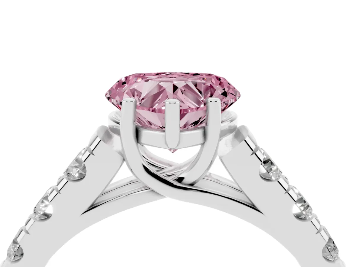Fancy Pink Heart Cut Cut Diamond Solitaire Ring with Micro Pave Band and Prong Setting Silver