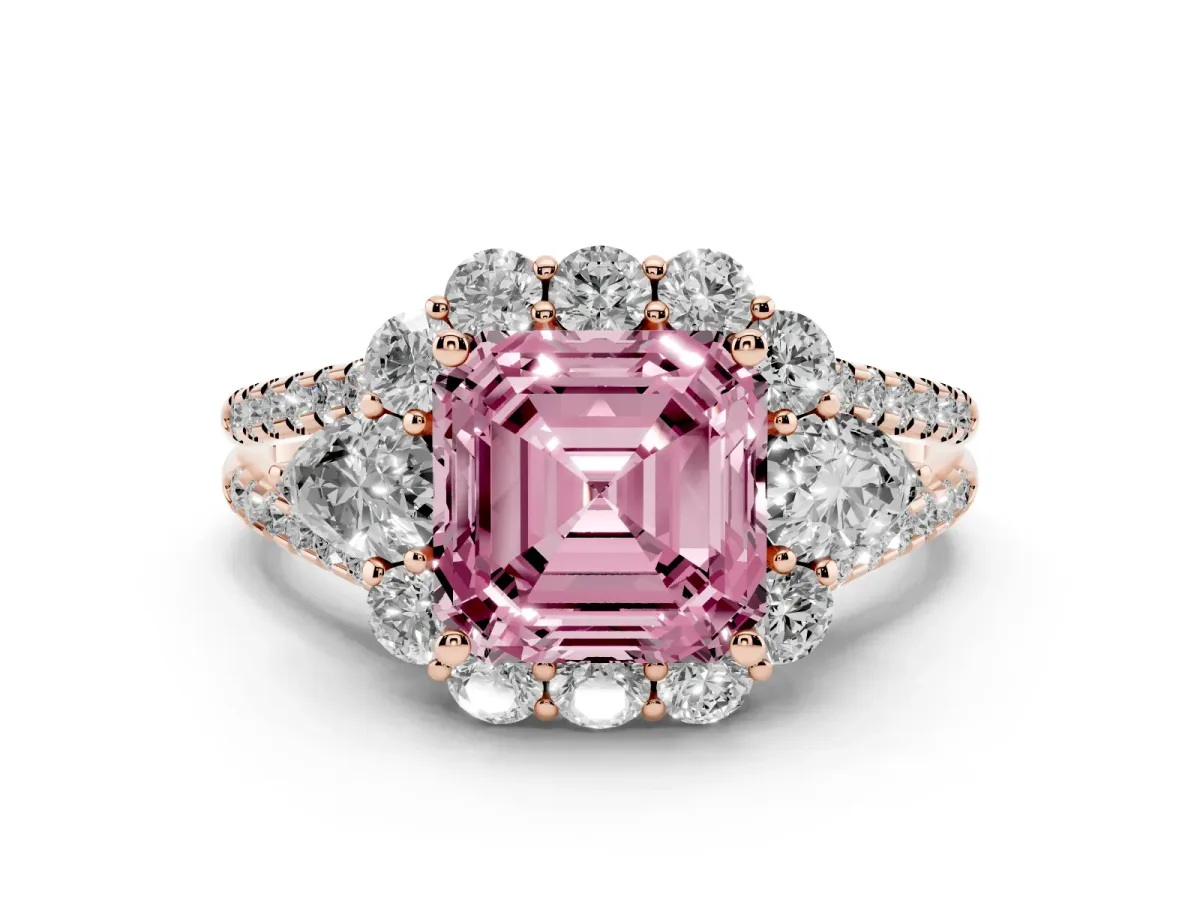 Fancy Pink Asscher Cut Halo Split Shank Diamond Engagement Ring with Prong Setting Rose gold
