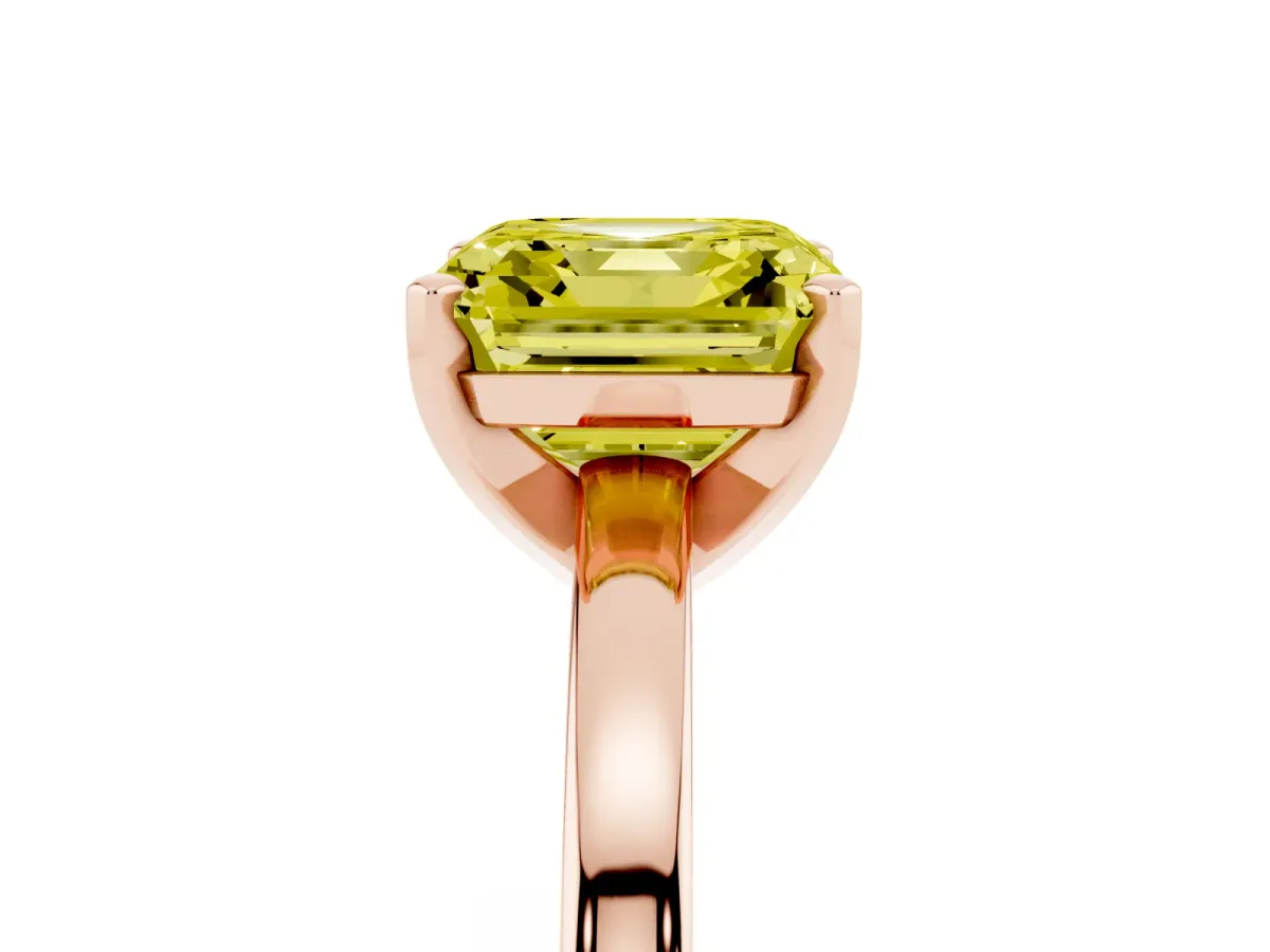 Fancy Yellow Asscher Cut Solitaire Diamond Engagement Ring with Four-Prong Setting on a Classic Band Rose gold
