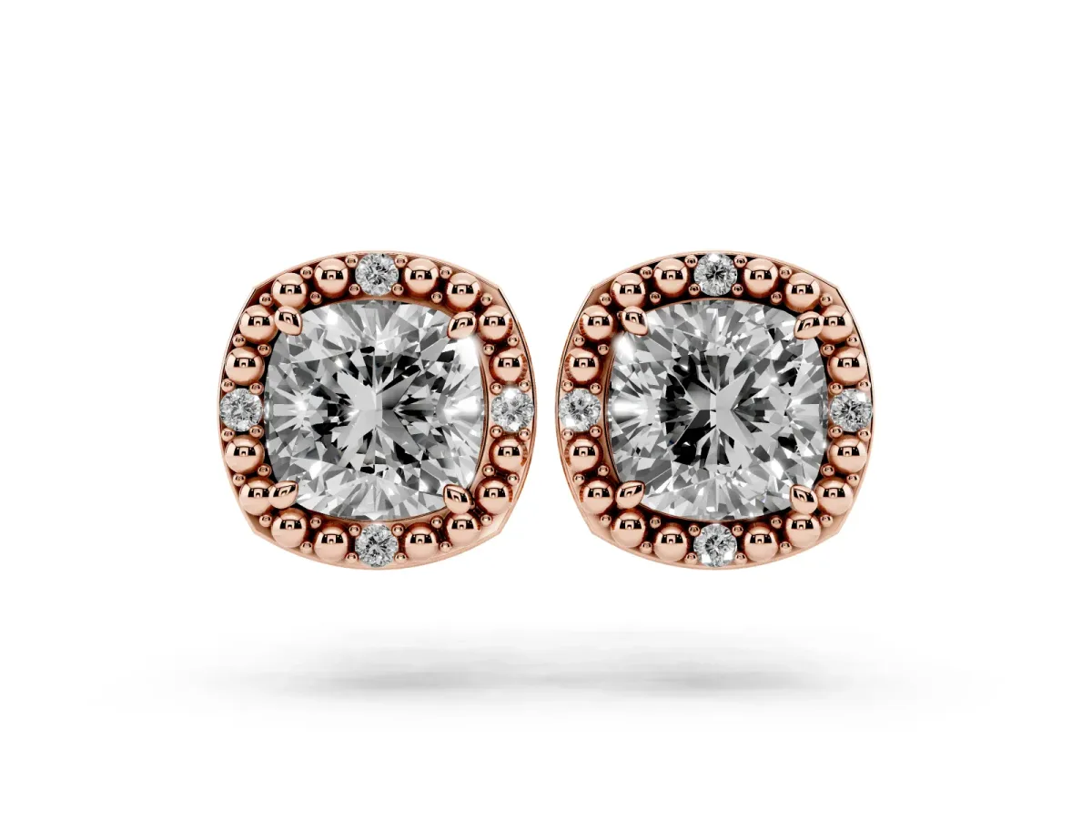 Cushion Diamond Beaded Halo Stud Earrings Rose gold