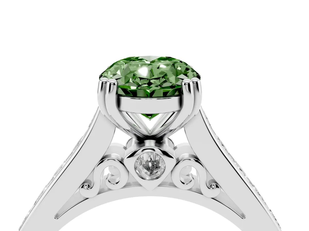 Fancy Green Oval Cut Cut Channel Set Solitaire Engagement Ring with Prong Setting Silver