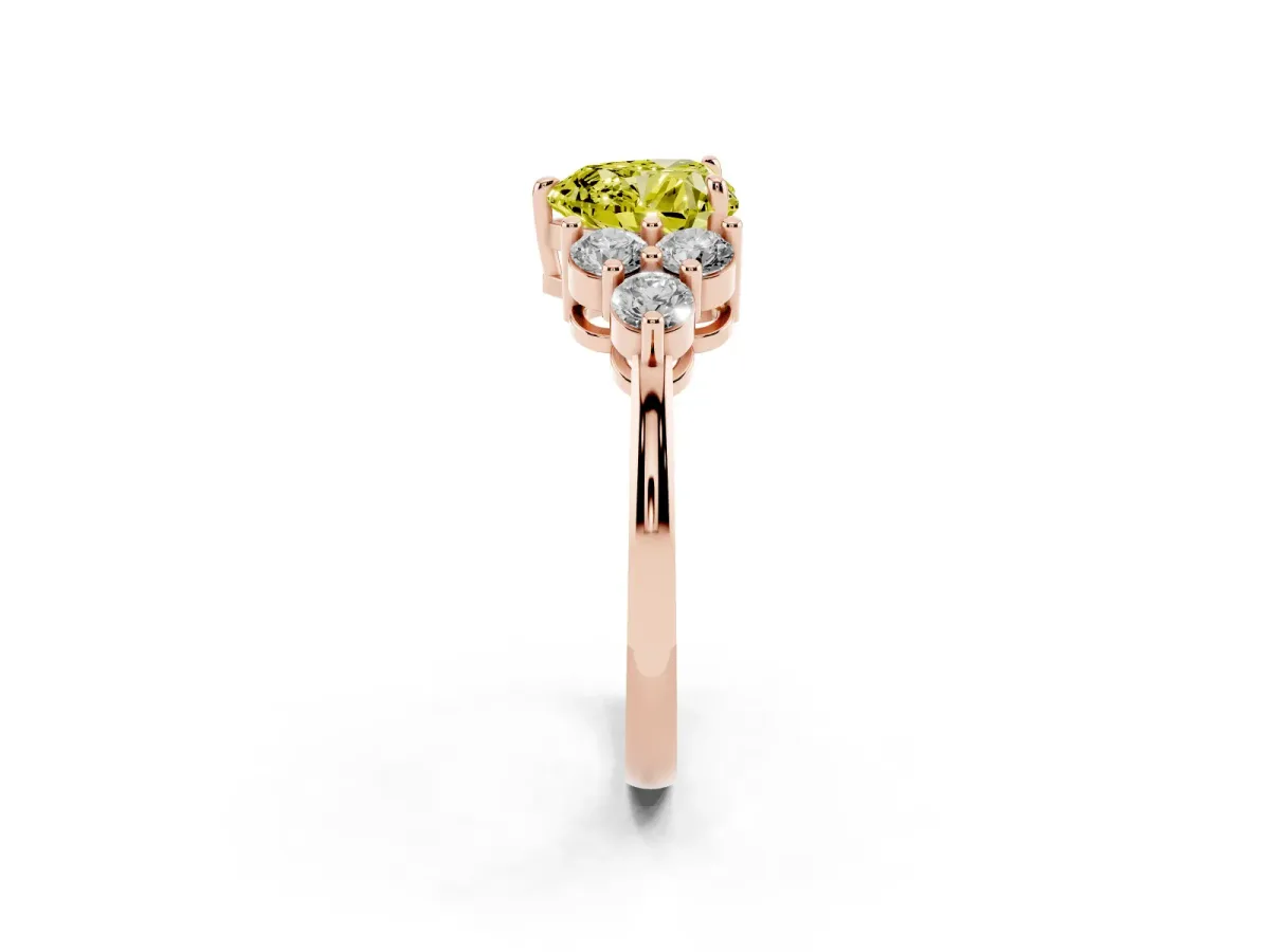 Fancy Yellow Heart Cut Brilliant Diamond Cluster Accent Solitaire Ring with Prong Setting Rose gold