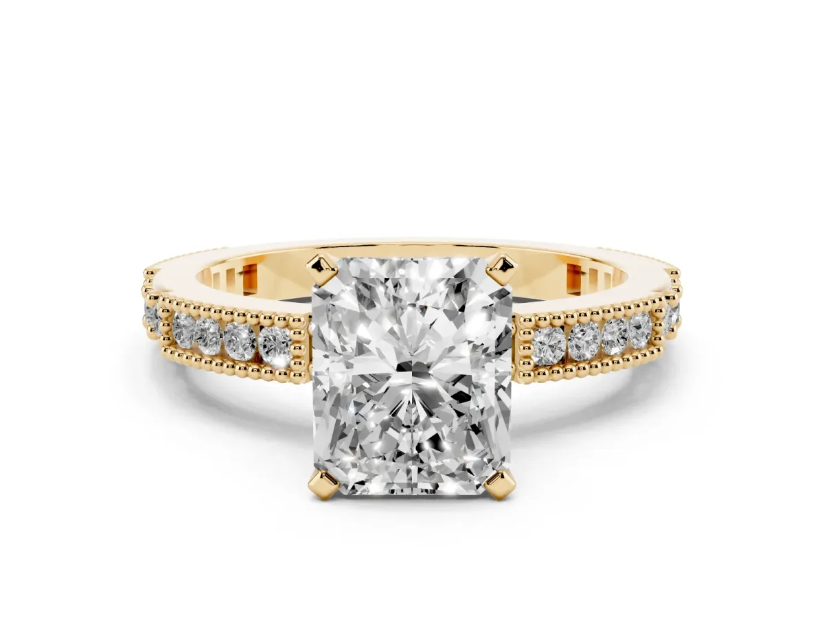 Radiant Cut Solitaire with Pavé Band and Four-Prong Setting Yellow gold