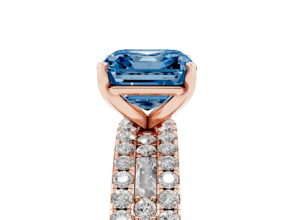 Fancy Blue Asscher Cut Diamond Solitaire Ring with Pavé and Channel Set Band Rose gold