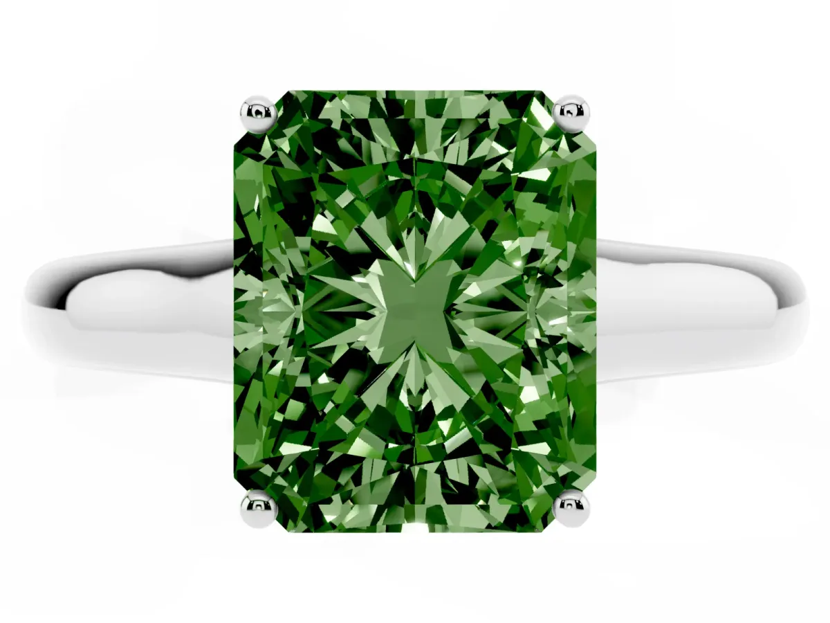 Fancy Green Radiant Cut Solitaire Engagement Ring with Tapered Band and Four-Prong Setting Platinum