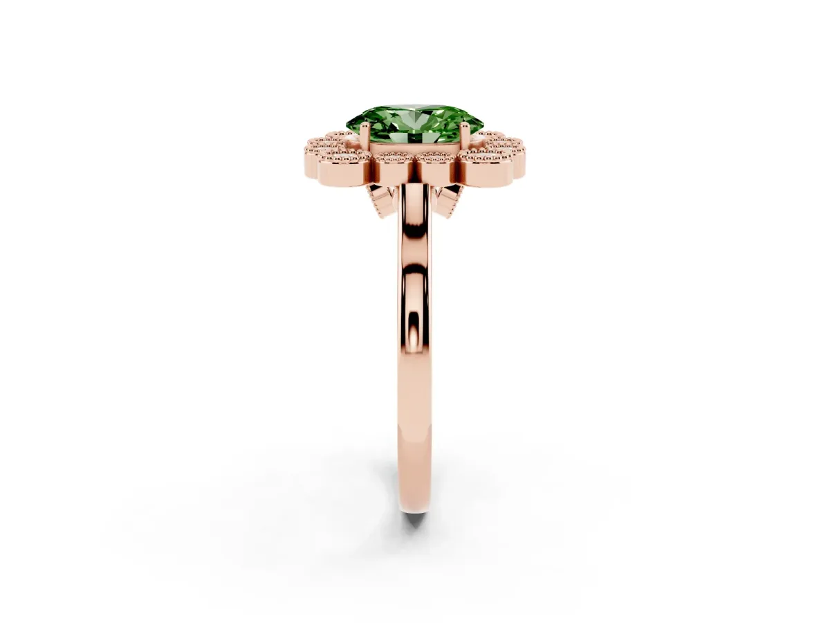 Fancy Green Oval Cut Halo Diamond Cluster Engagement Ring with Milgrain Bezel Setting and Solitaire Band Rose gold