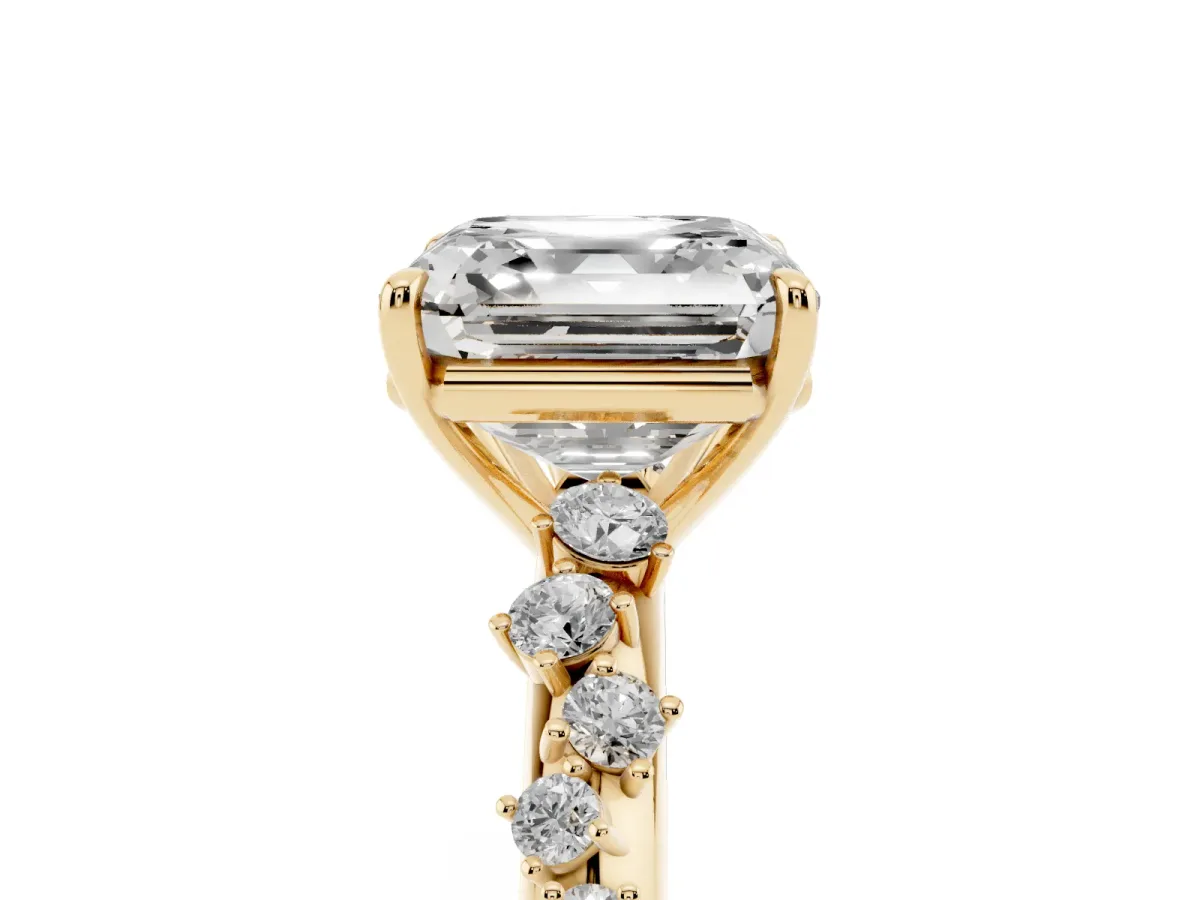Asscher Cut Diamond Cluster Side Stone Solitaire Ring with Prong Setting Yellow gold