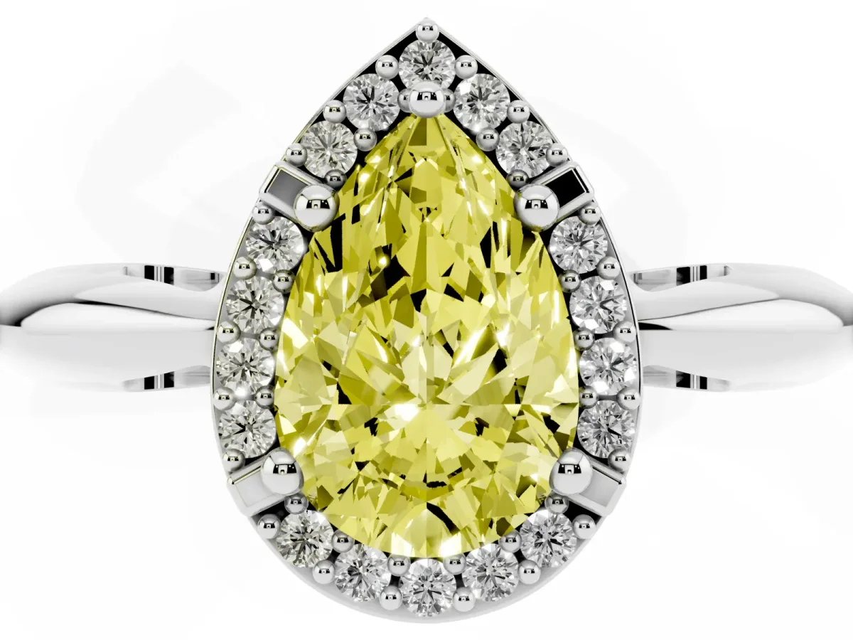 Fancy Yellow Pear Cut Cut Diamond Halo Engagement Ring with Split Shank and Four-Prong Setting Silver