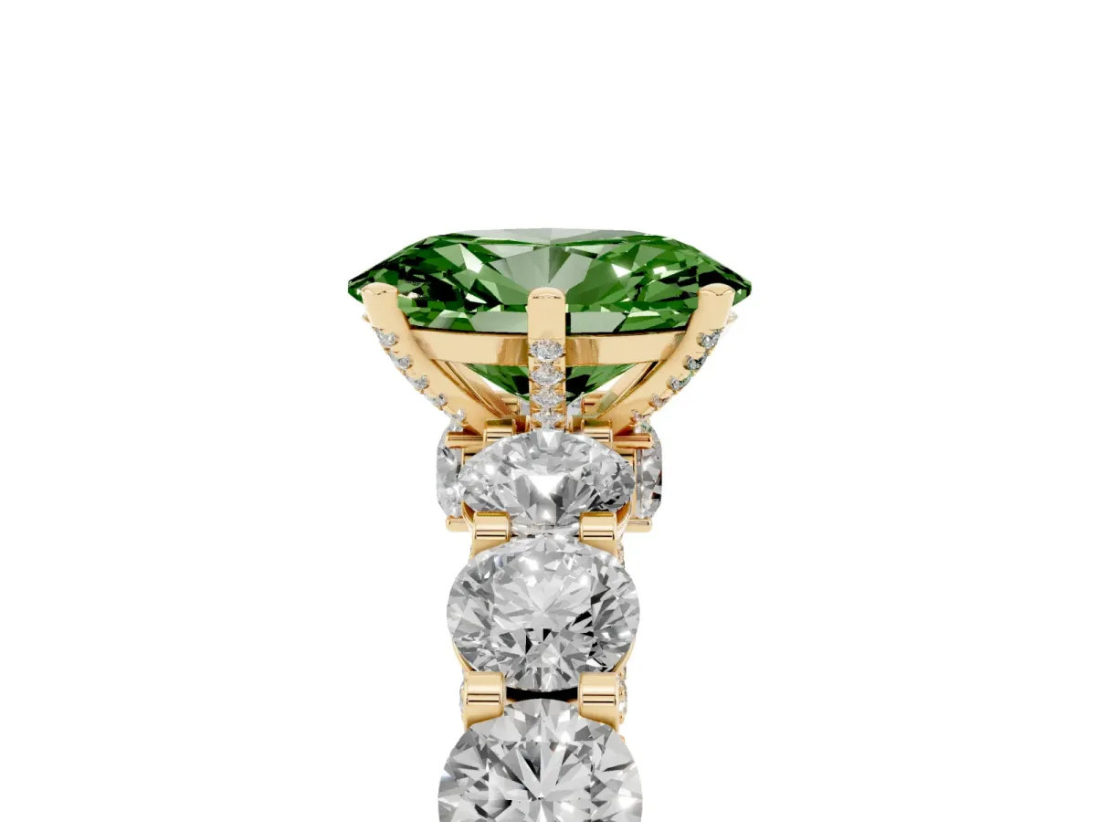 Fancy Green Oval Cut Diamond Side Stone Engagement Ring with Four-Prong Setting Yellow gold
