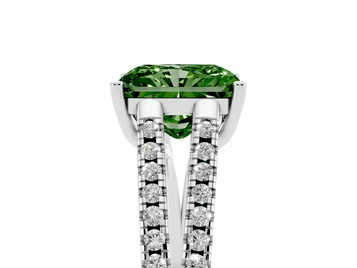 Fancy Green Radiant Cut Diamond Solitaire Engagement Ring with Split Shank Pavé Band Silver