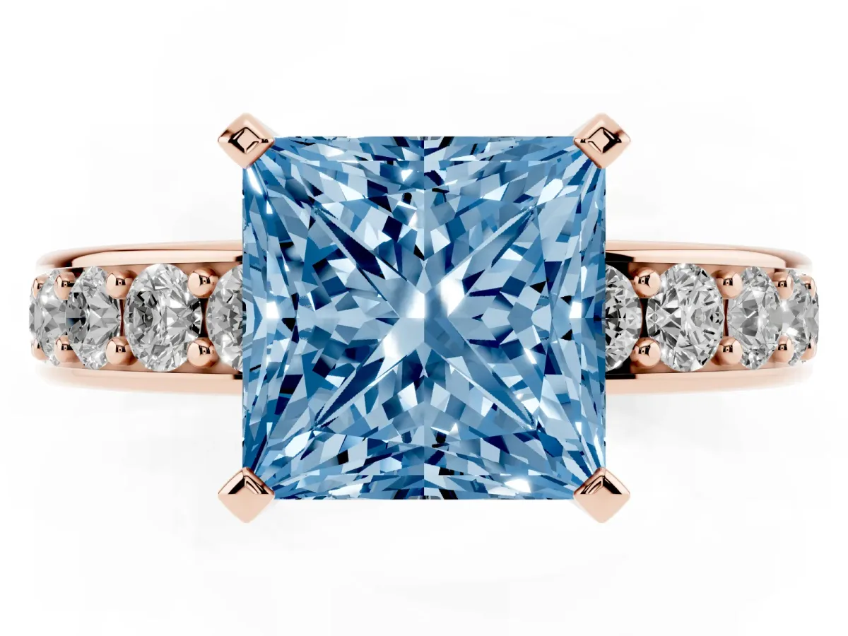 Fancy Blue Princess Cut Diamond Engagement Ring with Channel Set Round Band and Prong Setting Rose gold