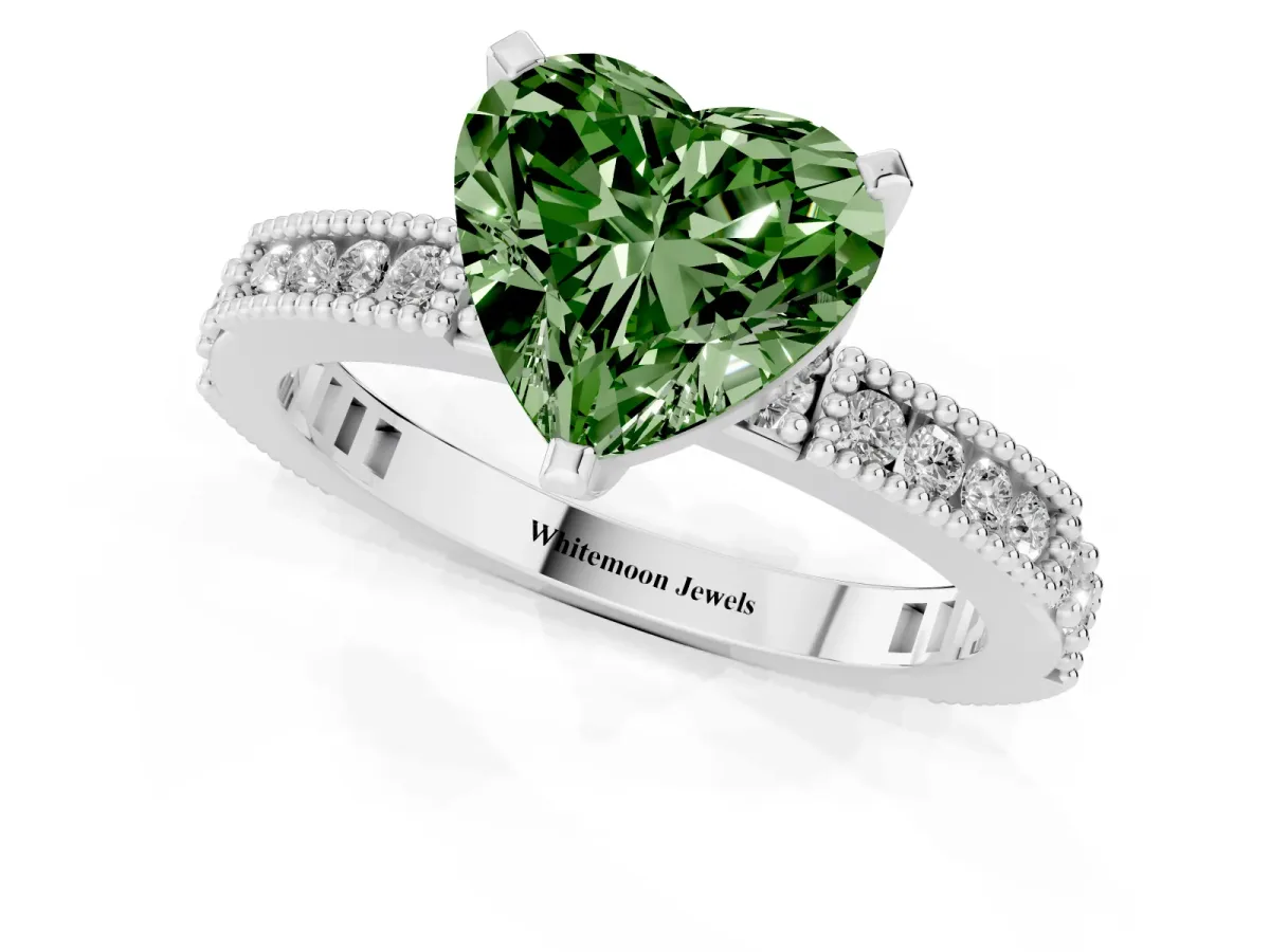 Fancy Green Heart Cut Solitaire with Pavé Band and Four-Prong Setting Silver