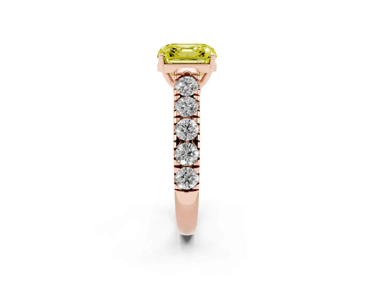 Fancy Yellow Asscher Cut Cut Diamond Solitaire Ring with Micro Pave Band and Prong Setting Rose gold