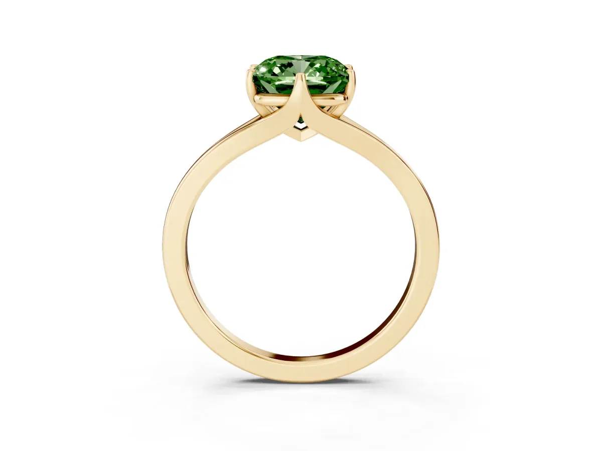 Fancy Green Cushion Cut Solitaire Diamond Ring with Six-Prong Setting and Tapered Band Yellow gold