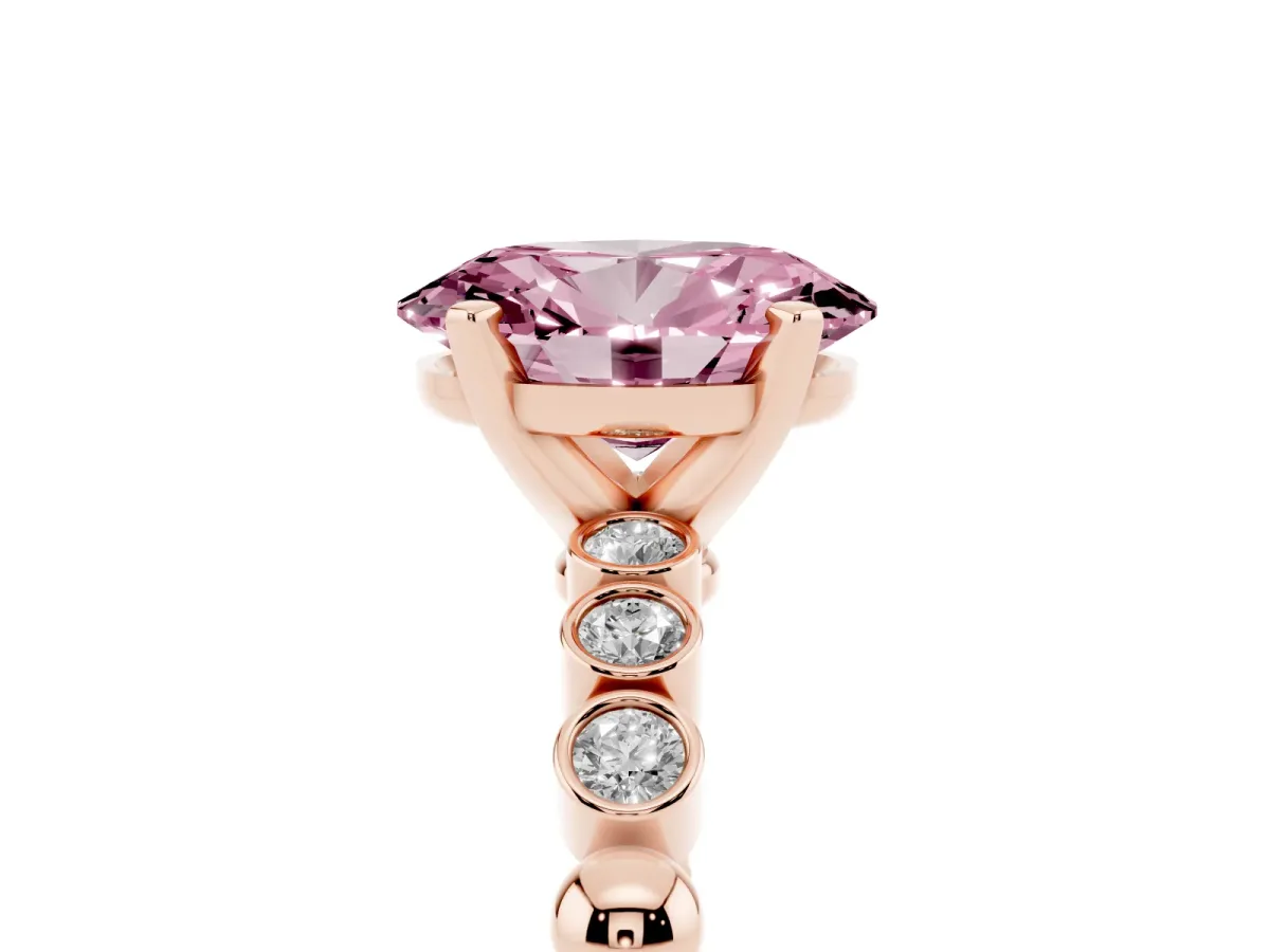 Fancy Pink Oval Cut Solitaire Bezel Accent Diamond Engagement Ring with Beaded Band and Four-Prong Setting Rose gold