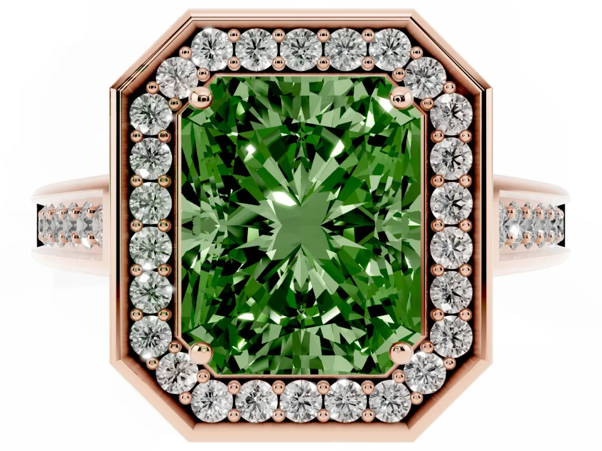 Fancy Green Radiant Cut Halo Solitaire Diamond Ring with Pave Band and Bezel Setting Rose gold