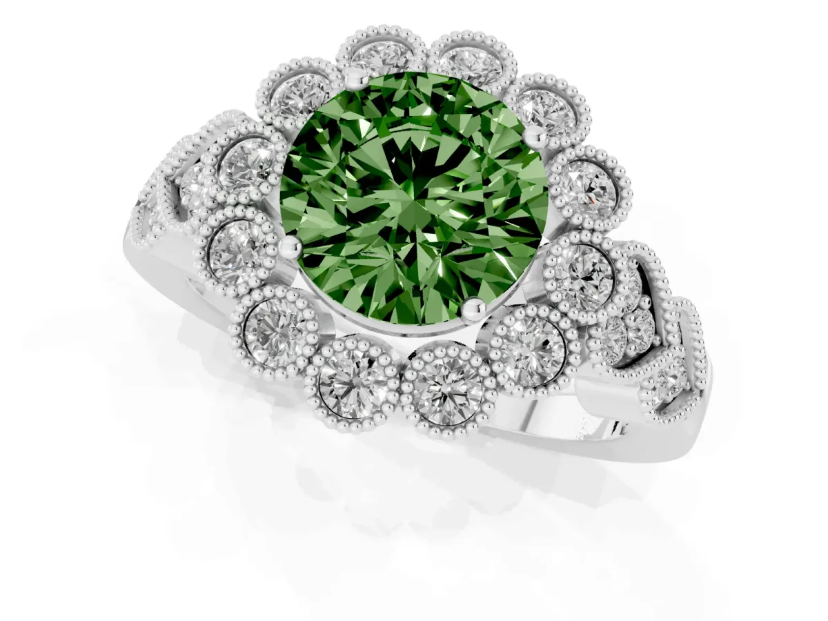 Fancy Green Round Cut Brilliant Milgrain Pave Heart Band Solitaire Ring Platinum