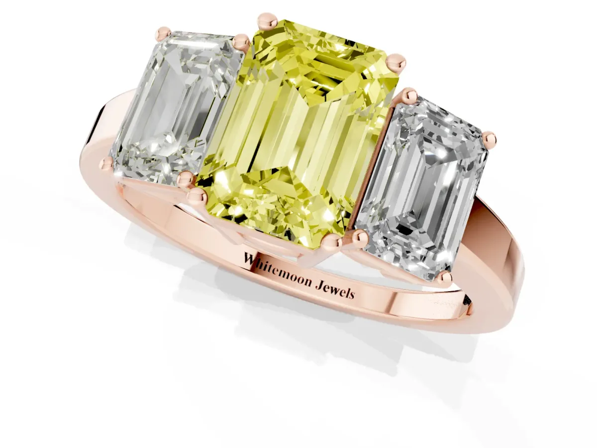 Fancy Yellow Three-Stone Emerald Cut Cut Diamond Engagement Ring with Flat Band and Four-Prong Setting Rose gold