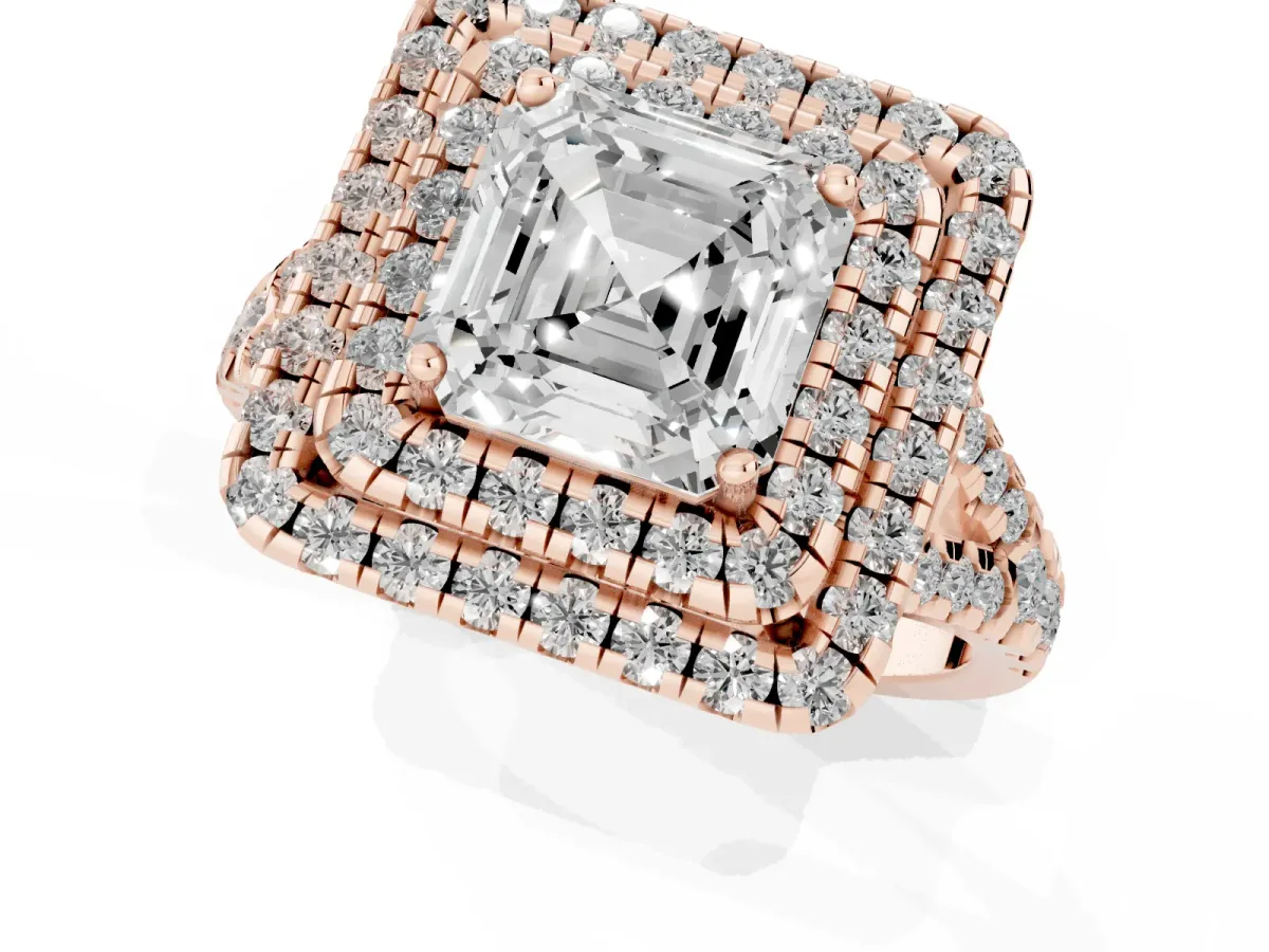 Double Halo Asscher Cut Diamond Pavé Split Shank Ring with Prong Setting Rose gold