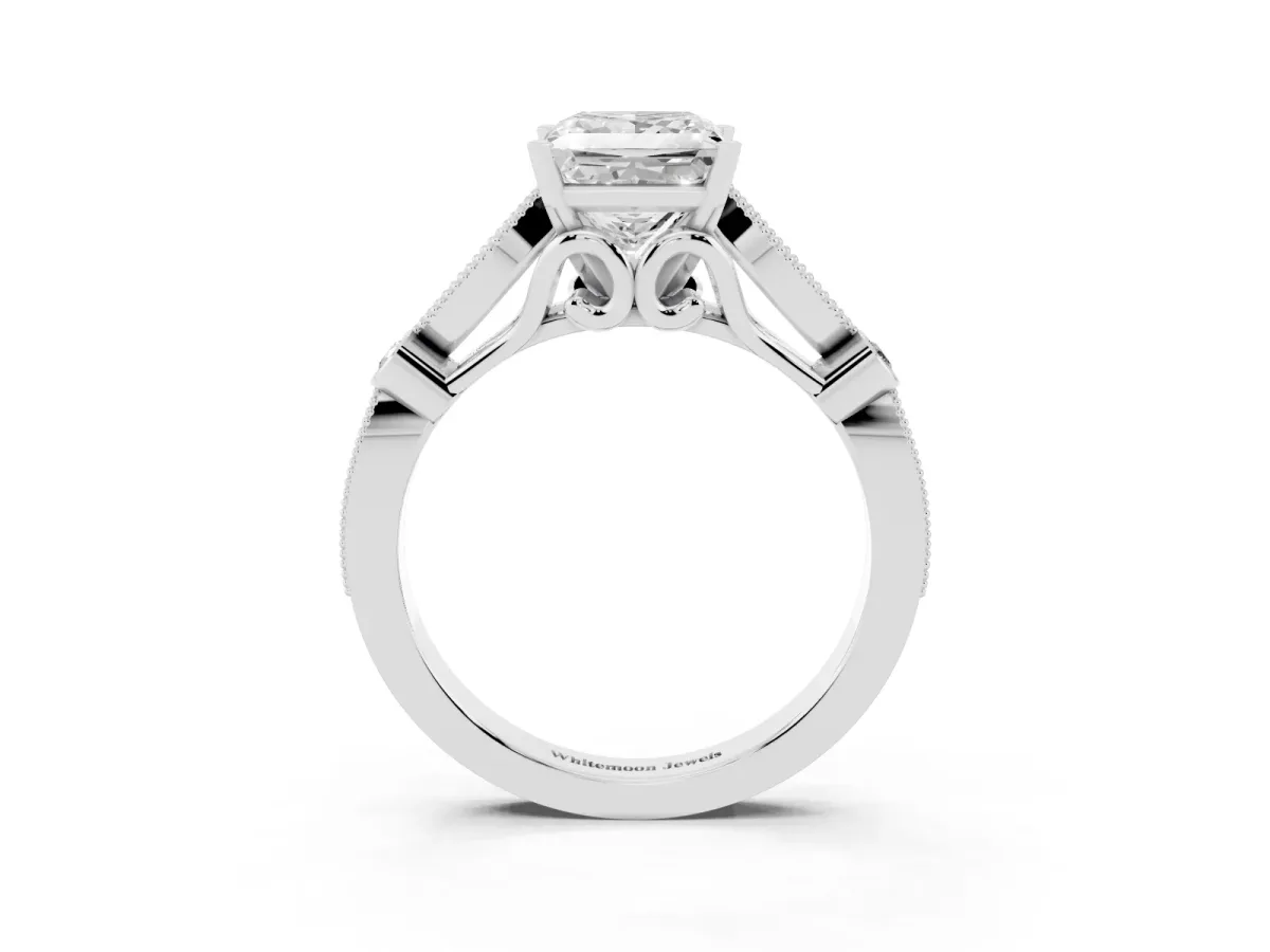 Princess Cut Cut Diamond with Milgrain Marquise and Bezel Accents on a Solitaire Band with Prong Setting Platinum