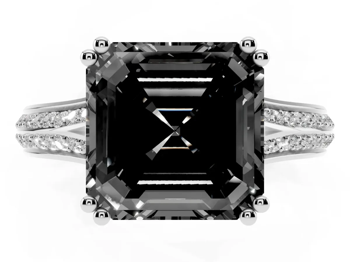 Fancy Black Asscher Cut Diamond Split Shank Engagement Ring with Pavé Band Silver