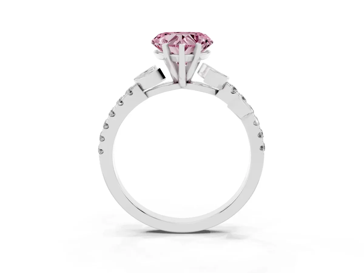 Fancy Pink Heart Cut Solitaire Leaf-Inspired Diamond Ring with Pavé Band and Four-Prong Setting Platinum