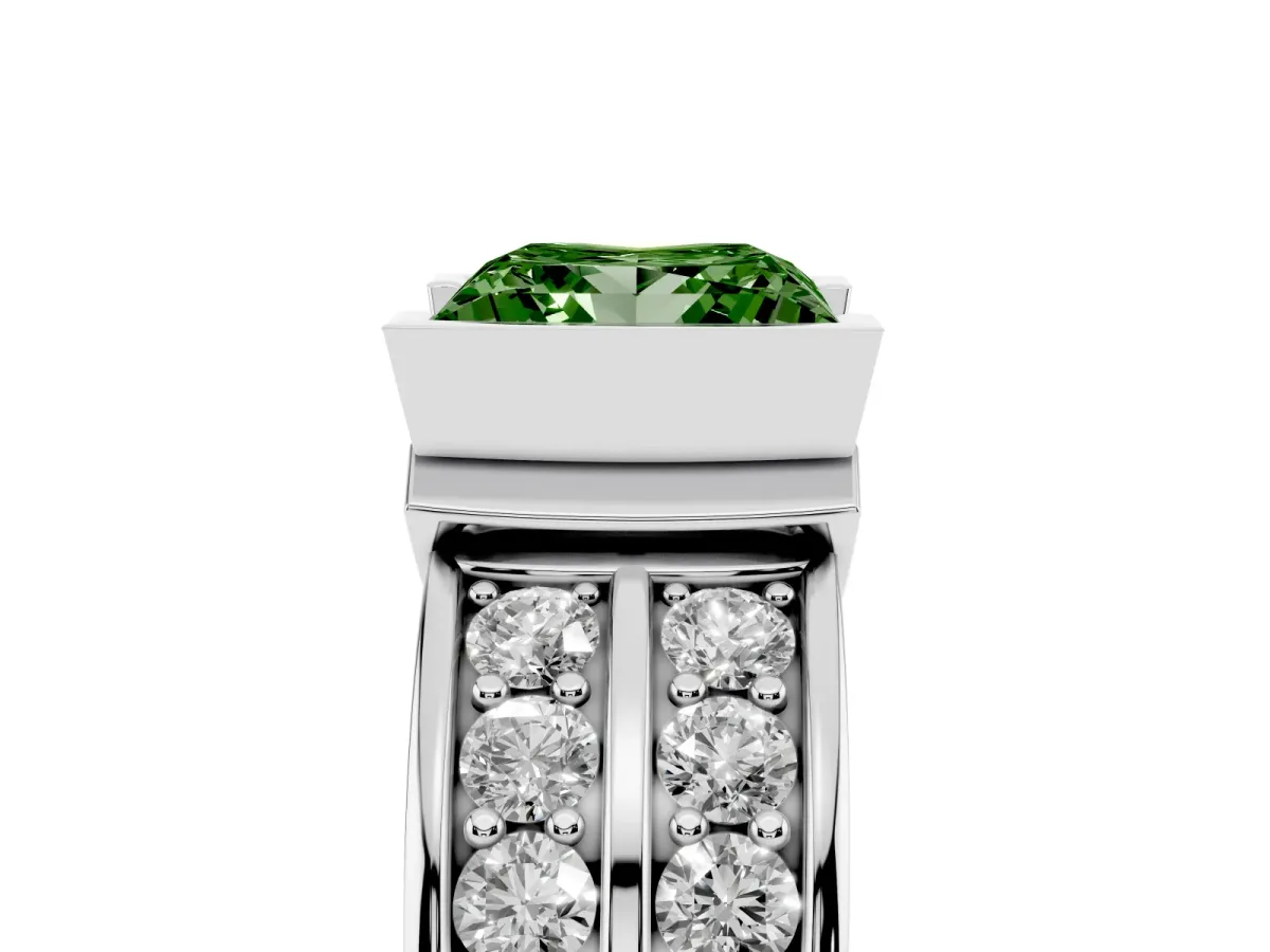 Fancy Green Princess Cut Brilliant Diamond Channel Set Wide Band Ring with Bezel Setting Silver