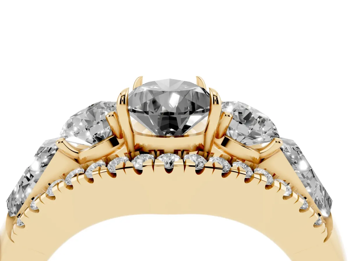 Fancy Black Three-Stone Pear Cut Diamond Engagement Ring with Pave Band and Prong Setting Yellow gold