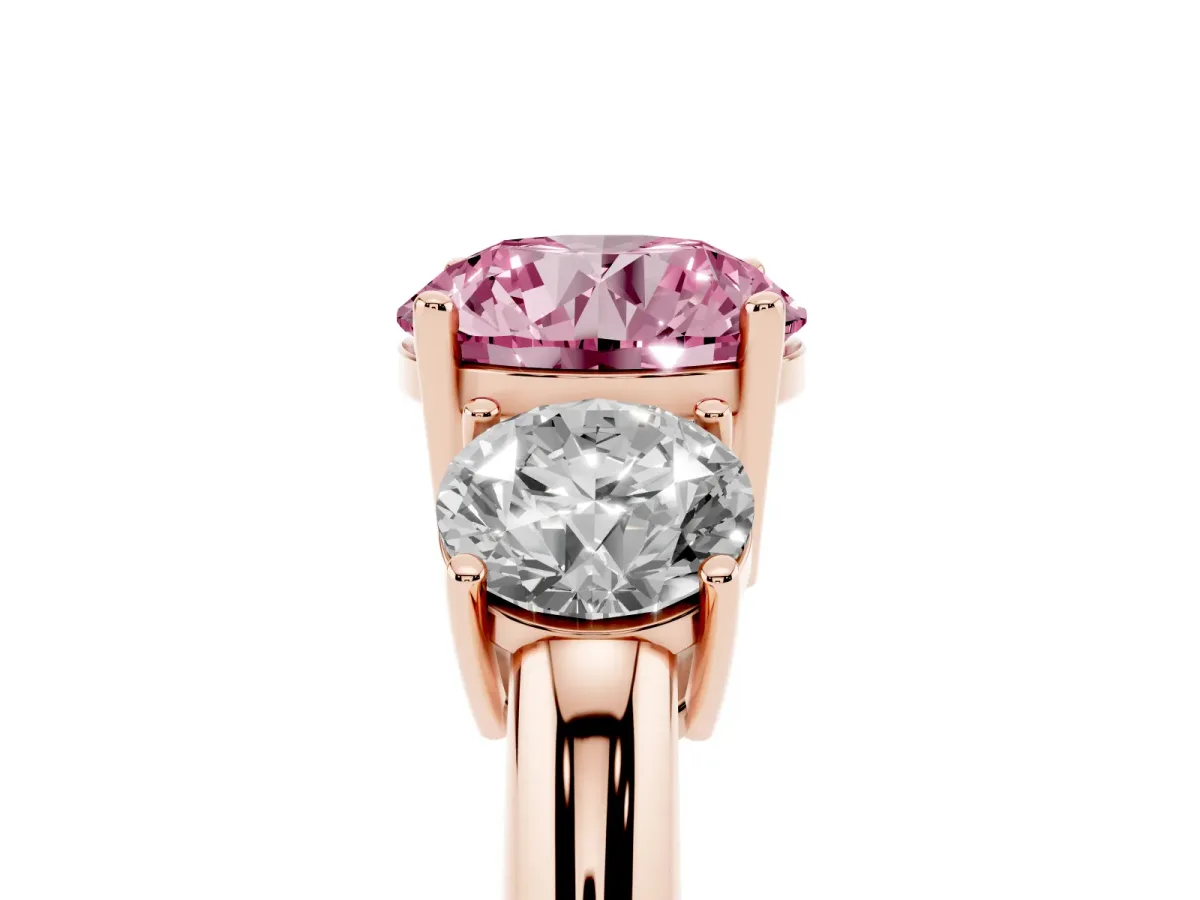 Fancy Pink Three-Stone Round Cut Cut Diamond Engagement Ring with Prong Setting on a White Gold Band Rose gold