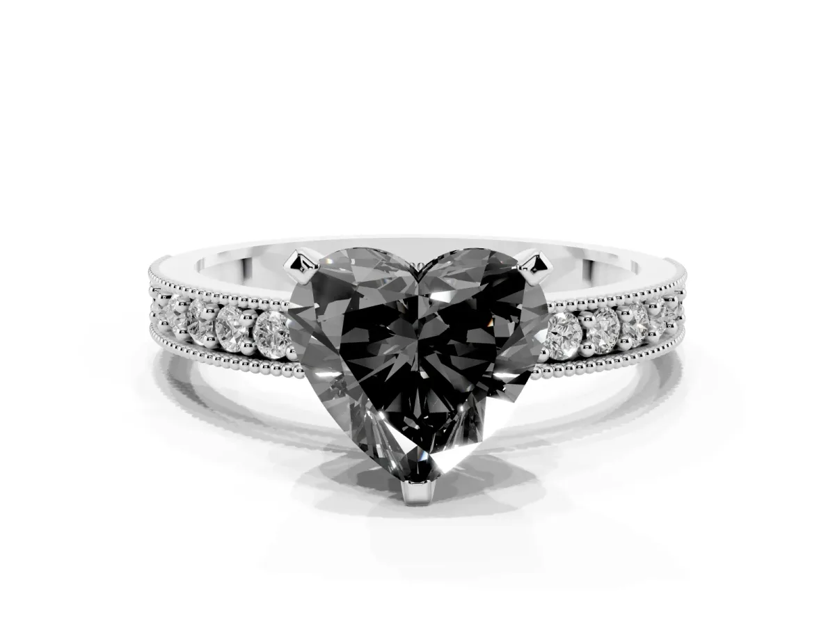 Fancy Black Heart Cut Diamond Milgrain Pavé Engagement Ring with Four-Prong Setting Silver