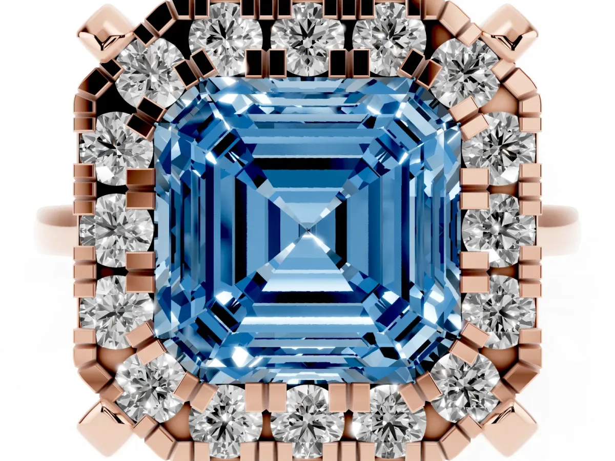 Fancy Blue Asscher Cut Diamond Cluster Halo Solitaire with Four-Prong Setting Rose gold