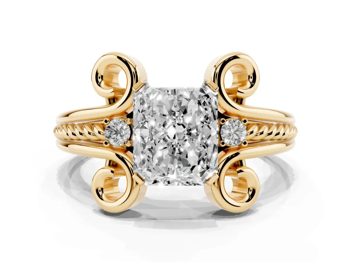 Radiant Cut Solitaire Twisted Band Scroll Prong Ring Yellow gold