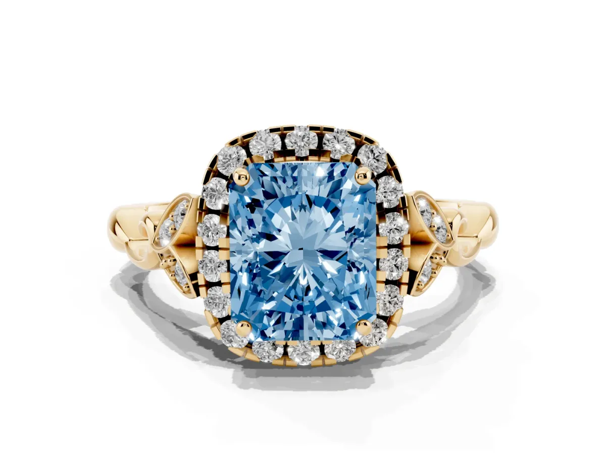 Fancy Blue Radiant Cut Halo Diamond Engagement Ring with Vintage-Inspired Band and Four-Prong Setting Yellow gold