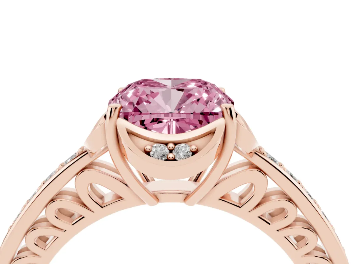 Fancy Pink Cushion Cut Cut Halo Diamond Ring with Channel Set Band and Four-Prong Setting Rose gold