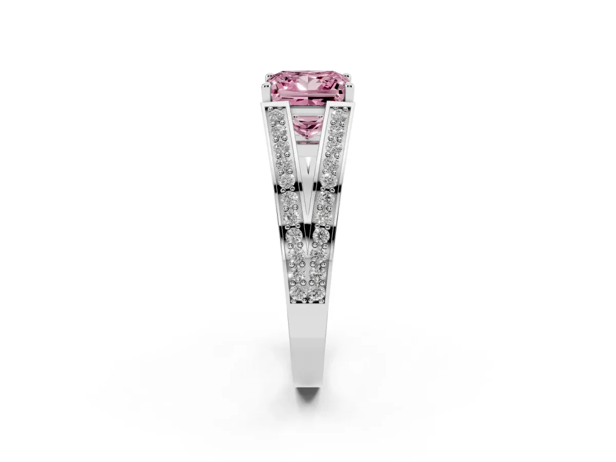 Fancy Pink Princess Cut Diamond Split Shank Ring with Pavé Band and Four-Prong Setting Platinum