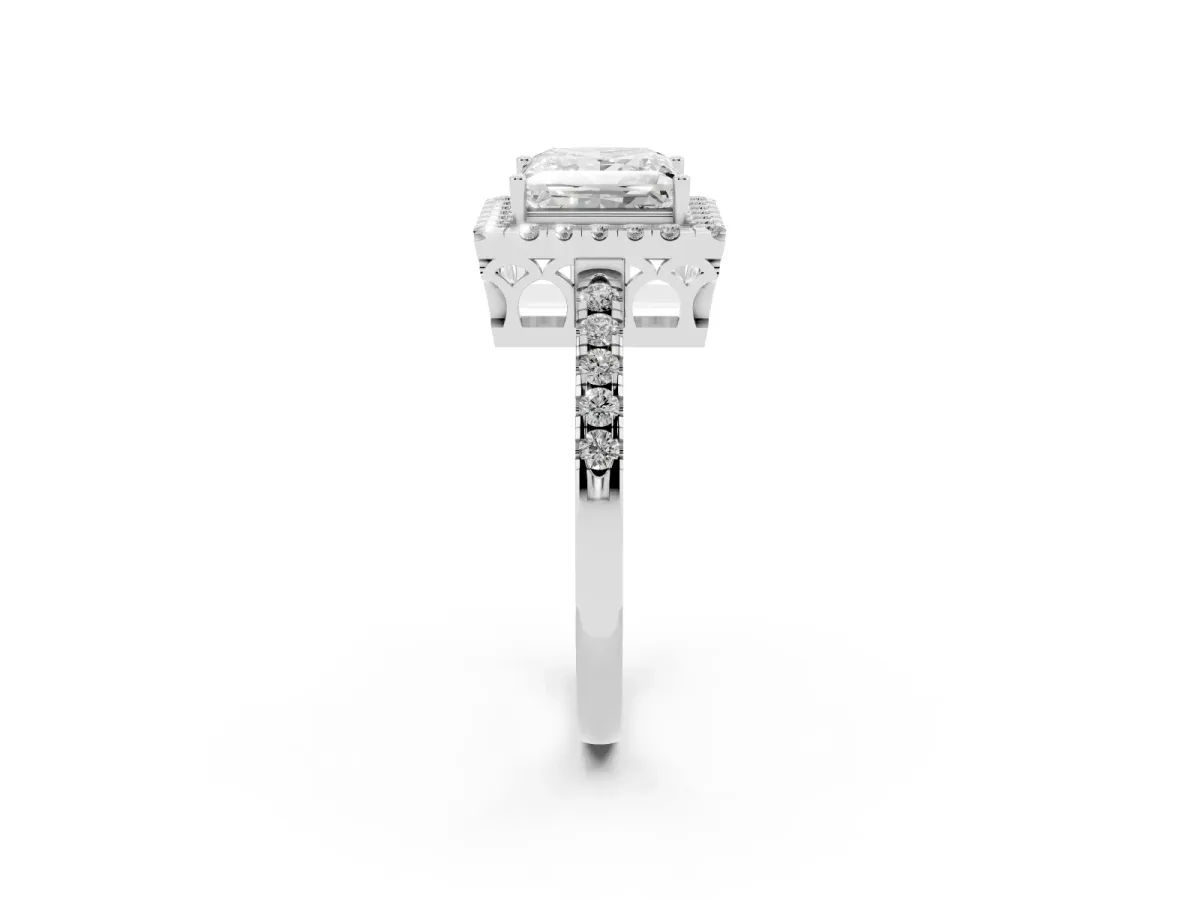 Princess Cut Halo Diamond Engagement Ring with Pavé Band and Four-Prong Setting White gold