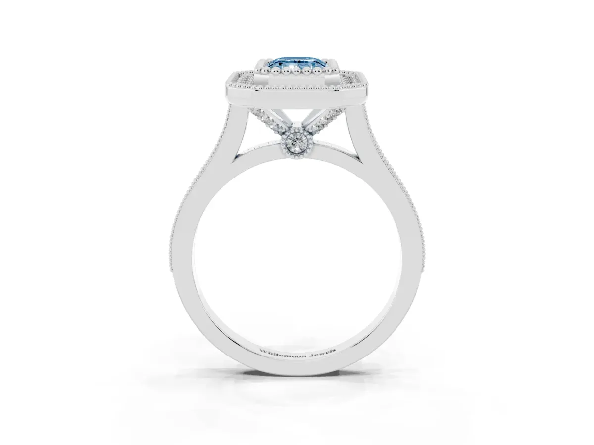 Fancy Blue Emerald Cut Diamond Halo Ring with Milgrain Frame and Pavé Band Silver