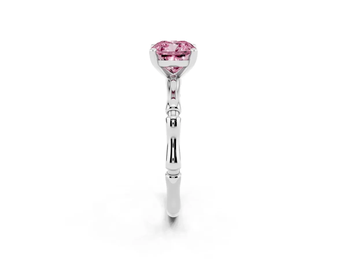 Fancy Pink Cushion Cut Solitaire Diamond Ring with Bamboo Band and Four-Prong Setting Silver