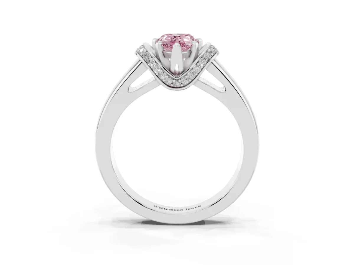 Fancy Pink Pear Cut Solitaire Diamond Ring with Pave Band and Six-Prong Setting Silver