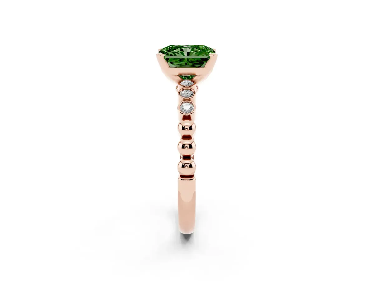 Fancy Green Radiant Cut Solitaire Bezel Accent Diamond Engagement Ring with Beaded Band and Four-Prong Setting Rose gold