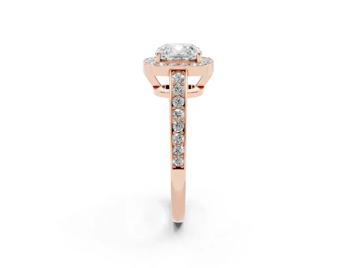 Cushion Cut Halo Pavé Diamond Engagement Ring with Bezel Setting Rose gold