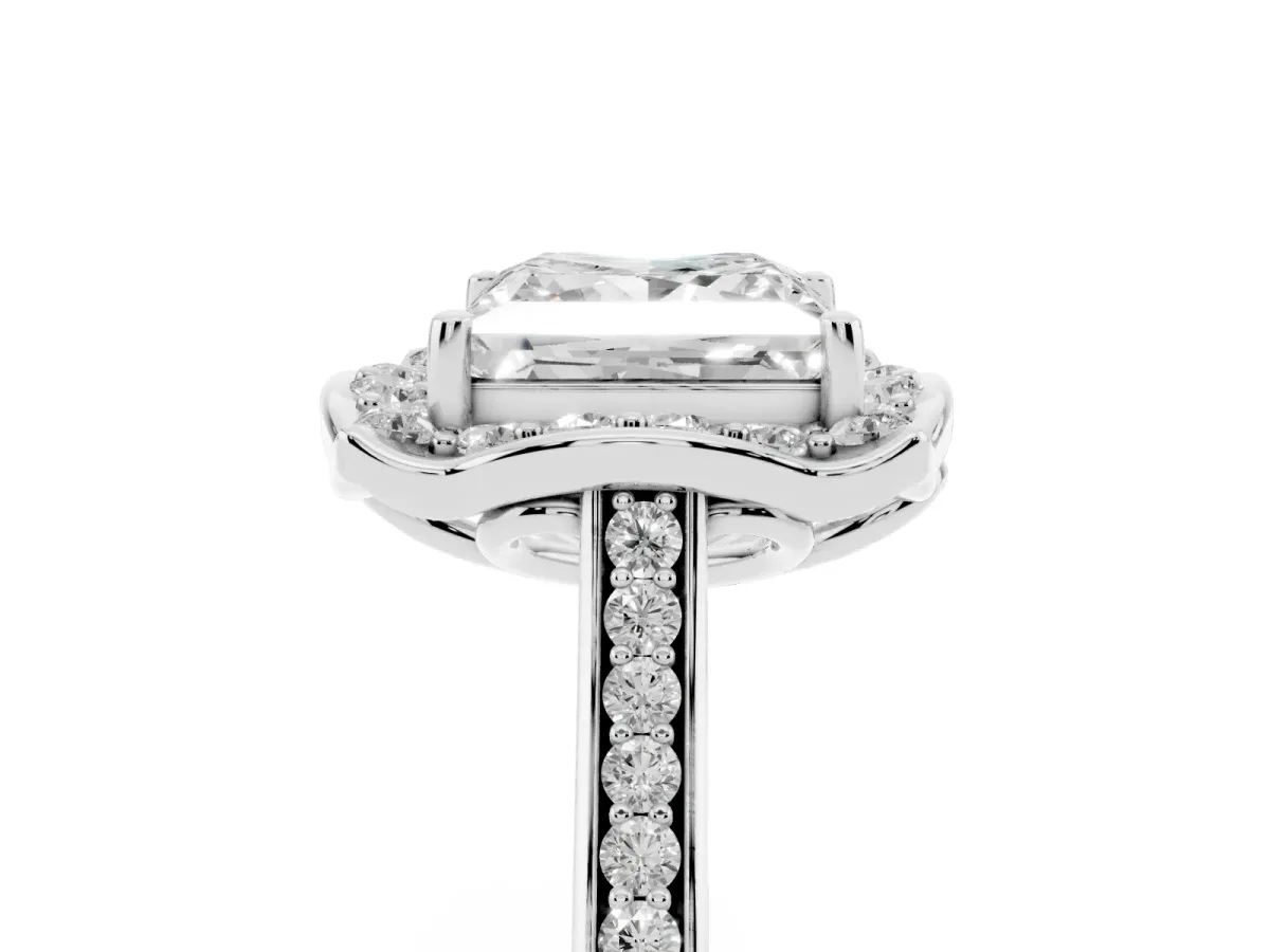 Princess Cut Halo Round Diamond Pave Band with Four-Prong Setting White gold