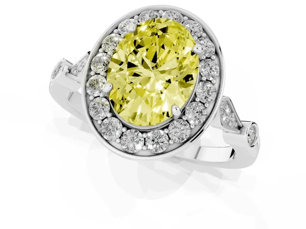 Fancy Yellow Oval Cut Halo Diamond Engagement Ring with Twisted Band and Four-Prong Setting Silver