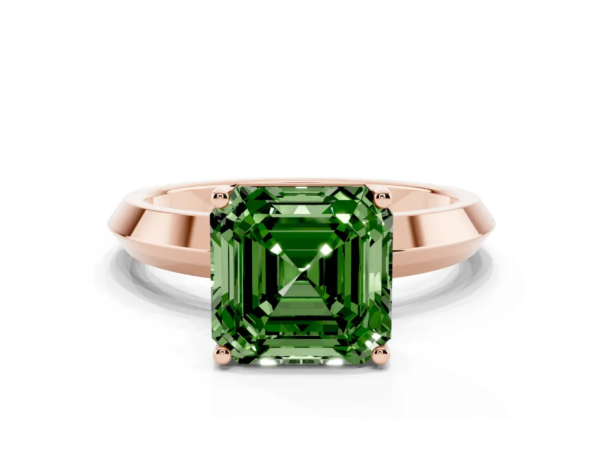 Fancy Green Asscher Cut Cut Solitaire Engagement Ring with Flat Band and Four-Prong Setting Rose gold