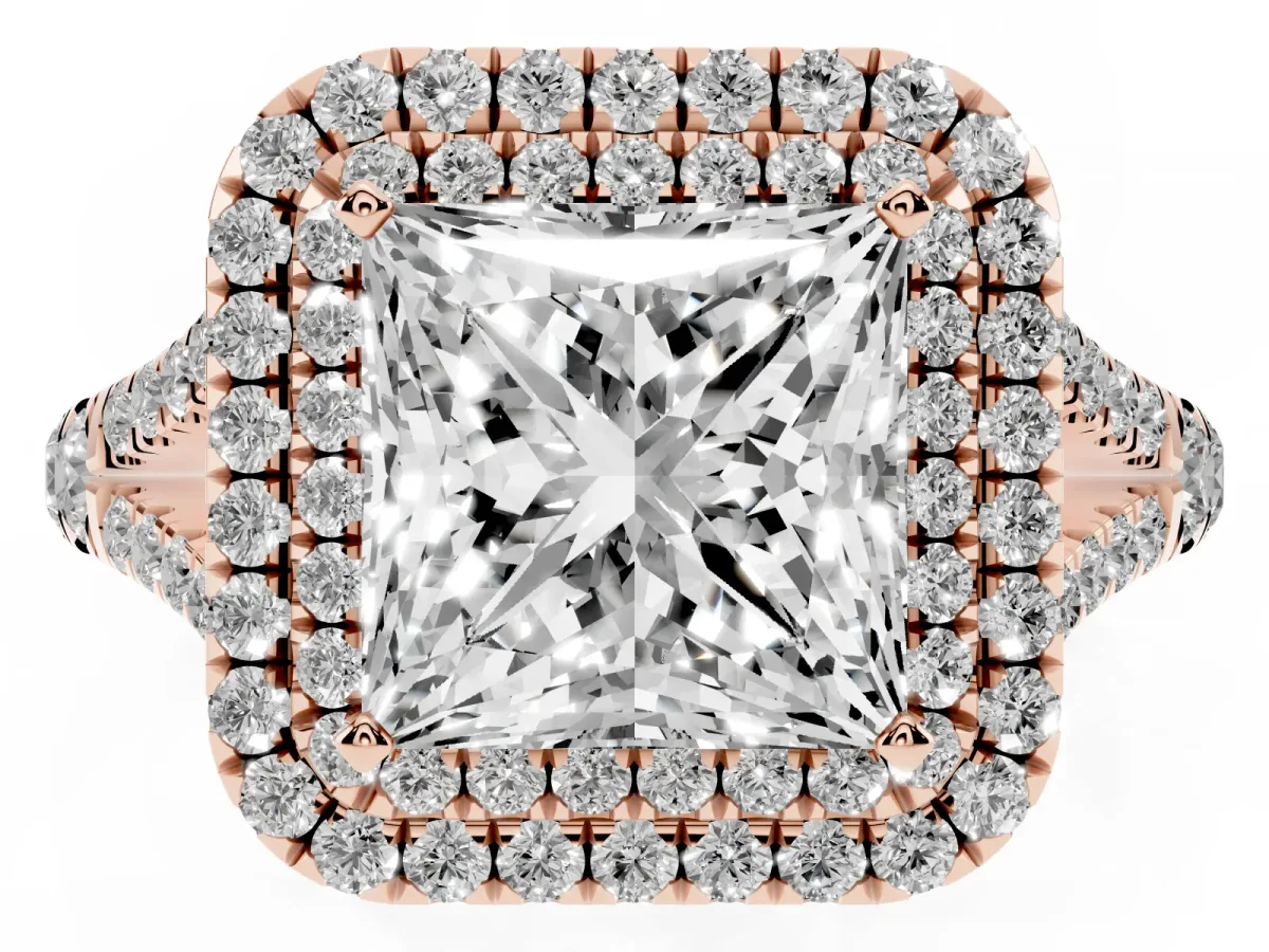 Princess Cut Diamond Double Halo Ring with Split Shank and Prong Setting Rose gold