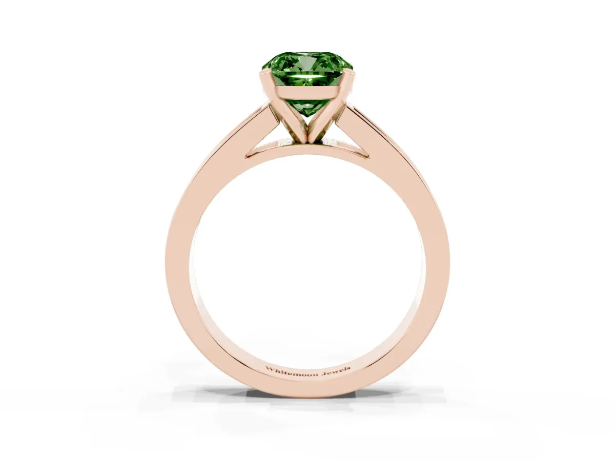 Fancy Green Cushion Cut Solitaire Diamond Ring with Channel-Set Band and Four-Prong Setting Rose gold