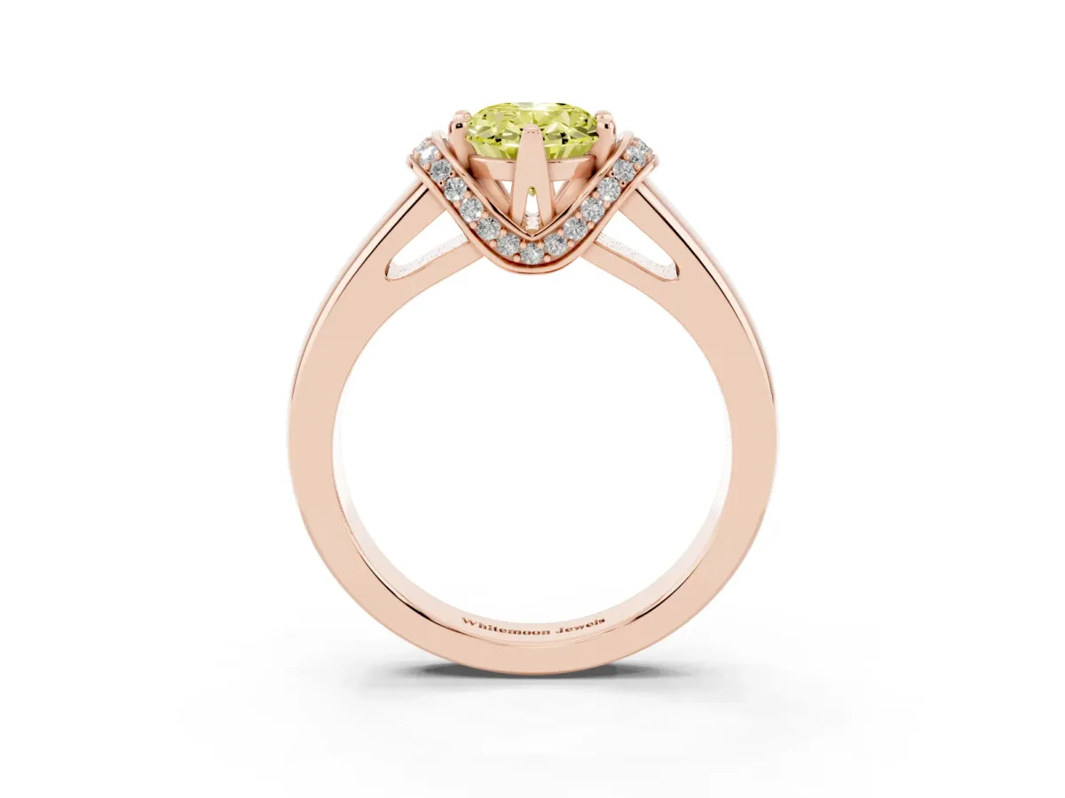 Fancy Yellow Oval Cut Solitaire Diamond Ring with Pave Band and Six-Prong Setting Rose gold