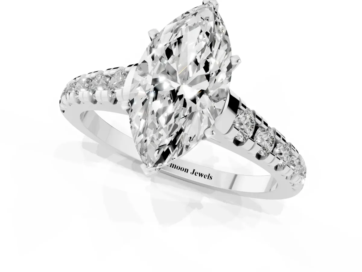 Marquise Cut Diamond Cathedral Solitaire Ring with Round Pavé Band Silver