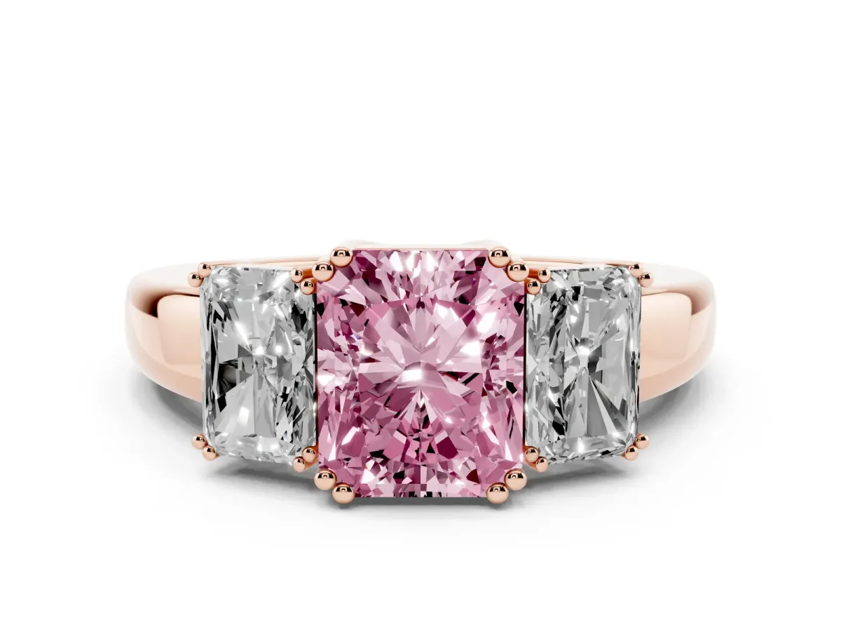 Fancy Pink Three-Stone Radiant Cut Cut Diamond Ring with Channel Set Band and Four-Prong Setting Rose gold